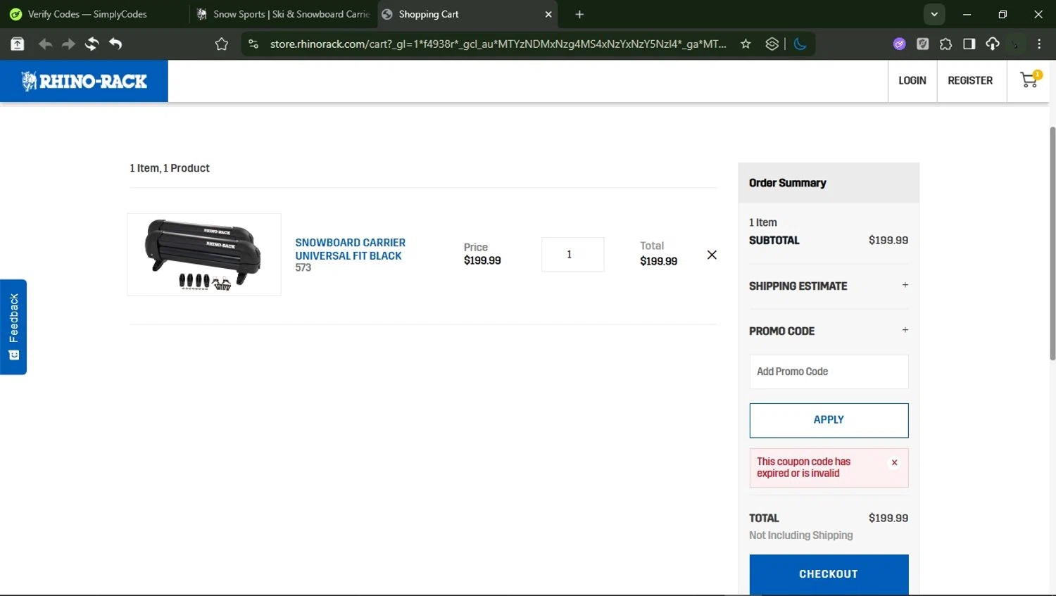 Rhino Rack promo code screenshot showing code readyforsnow applied at Rhino Rack checkout page. Uploaded by SimplyCodes community member RewardMonarch1185 on Oct 29, 2025