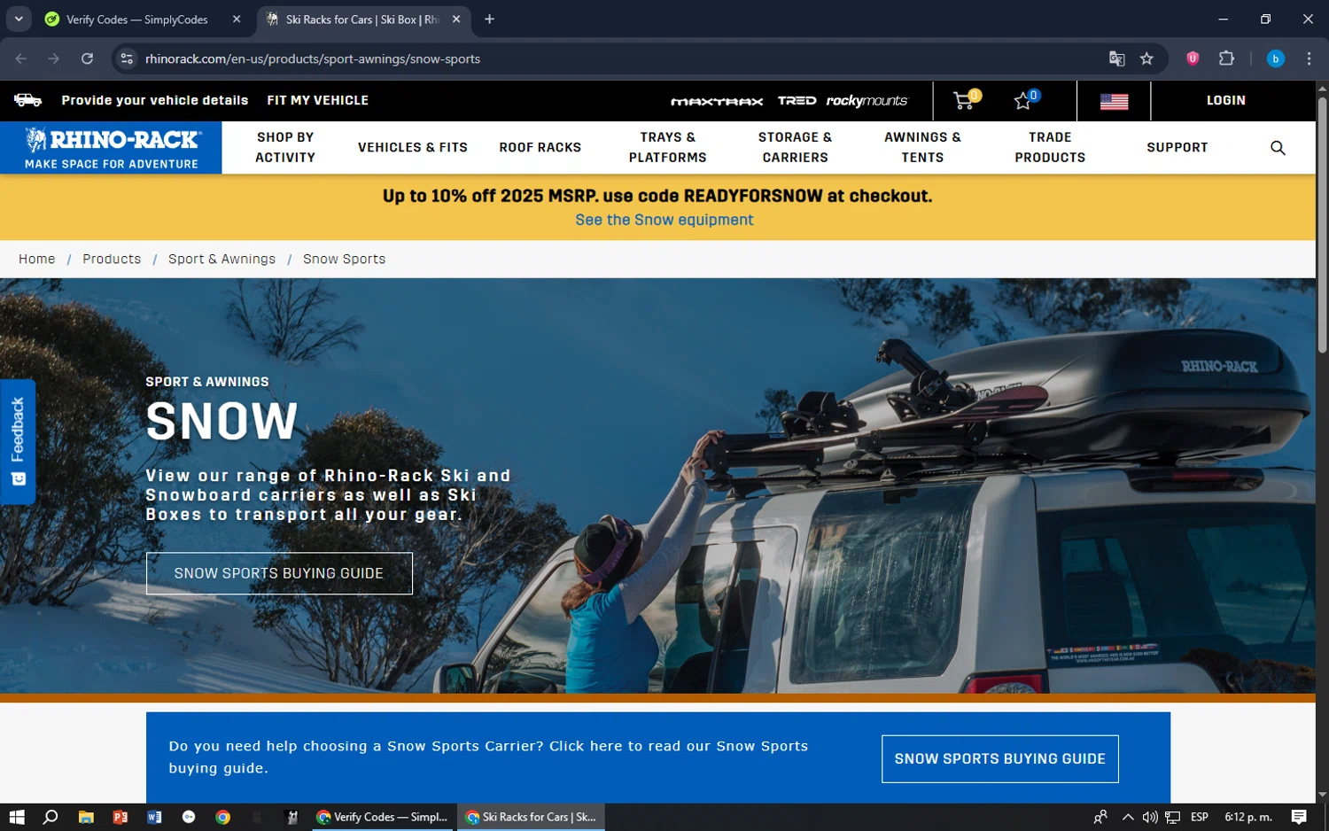 Rhino Rack checkout page showing Rhino Rack promo code box | Screenshot taken by SimplyCodes community member on Sep 30, 2025