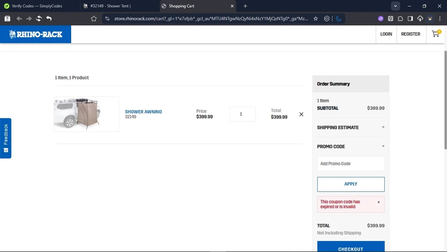 Rhino Rack promo code screenshot showing code BLACKFRIDAY25 applied at Rhino Rack checkout page. Uploaded by SimplyCodes community member BrilliantTitan6909 on Dec 8, 2025