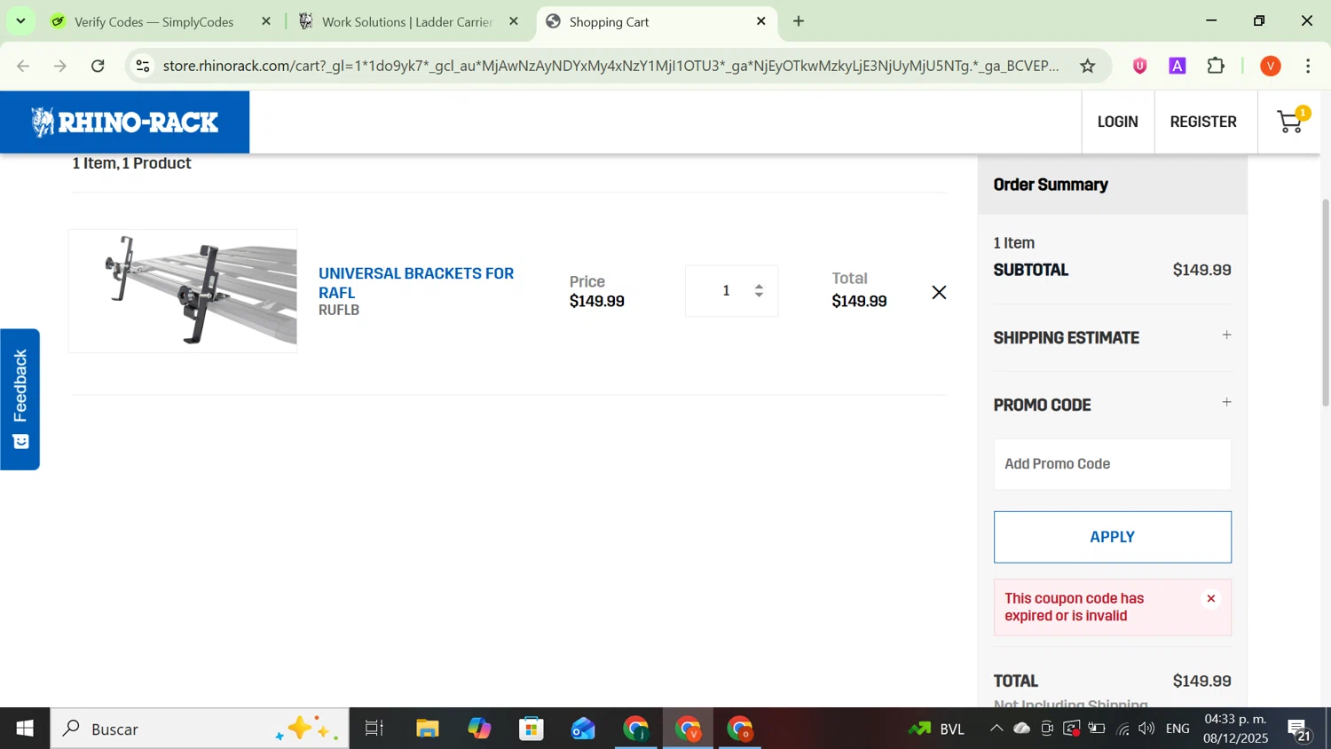 Rhino Rack promo code screenshot showing code BLACKFRIDAY25 applied at Rhino Rack checkout page. Uploaded by SimplyCodes community member SavingsCaptain8190 on Dec 8, 2025
