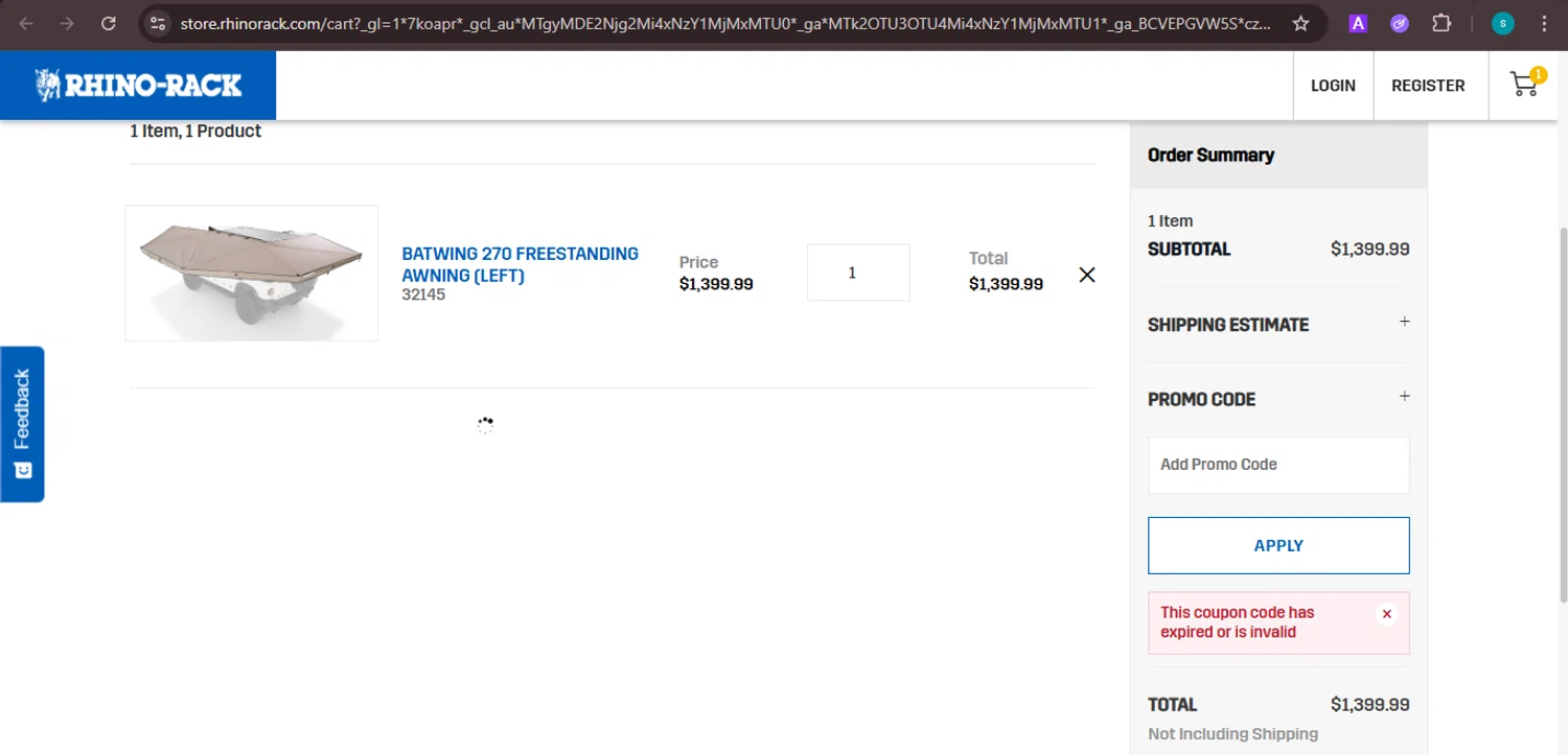 Rhino Rack promo code screenshot showing code BLACKFRIDAY25 applied at Rhino Rack checkout page. Uploaded by SimplyCodes community member ValiantChaser7723 on Dec 8, 2025