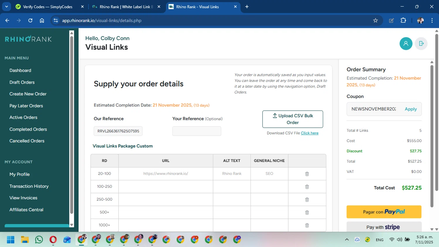 Rhino Rank promo code screenshot showing code NEWSNOVEMBER2025 applied at Rhino Rank checkout page. Uploaded by SimplyCodes community member DavidMGF on Nov 7, 2025