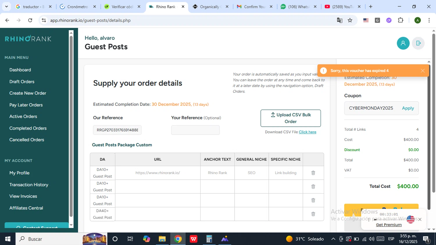 Rhino Rank promo code screenshot showing code CYBERMONDAY2025 applied at Rhino Rank checkout page. Uploaded by SimplyCodes community member ThriftyTitan2381 on Dec 16, 2025