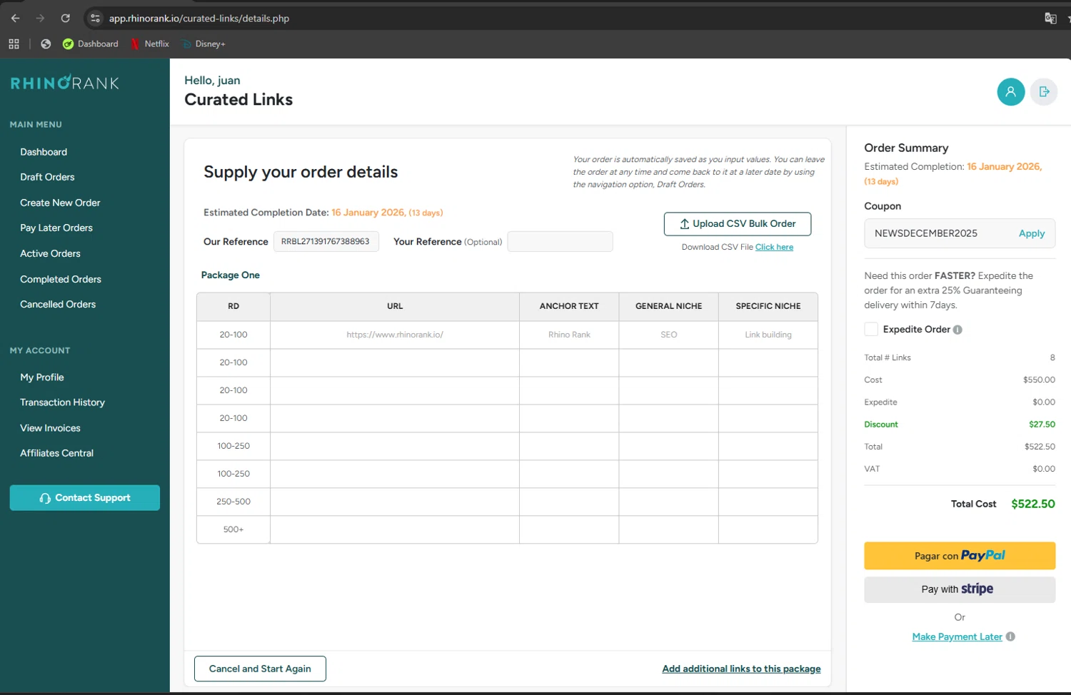 Rhino Rank checkout page showing Rhino Rank promo code box | Screenshot taken by SimplyCodes community member on Jan 2, 2026