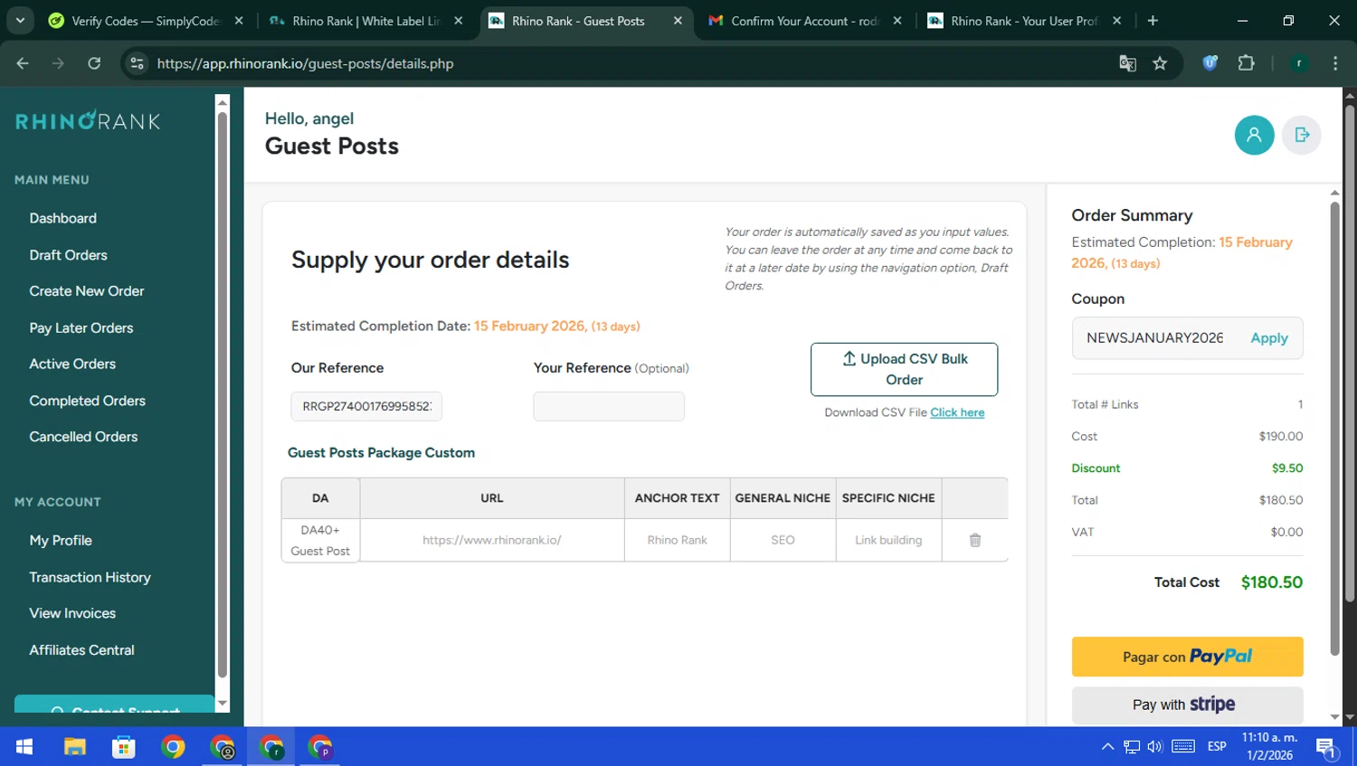 Rhino Rank promo code screenshot showing code NEWSJANUARY2026 applied at Rhino Rank checkout page. Uploaded by SimplyCodes community member rodri1 on Feb 1, 2026