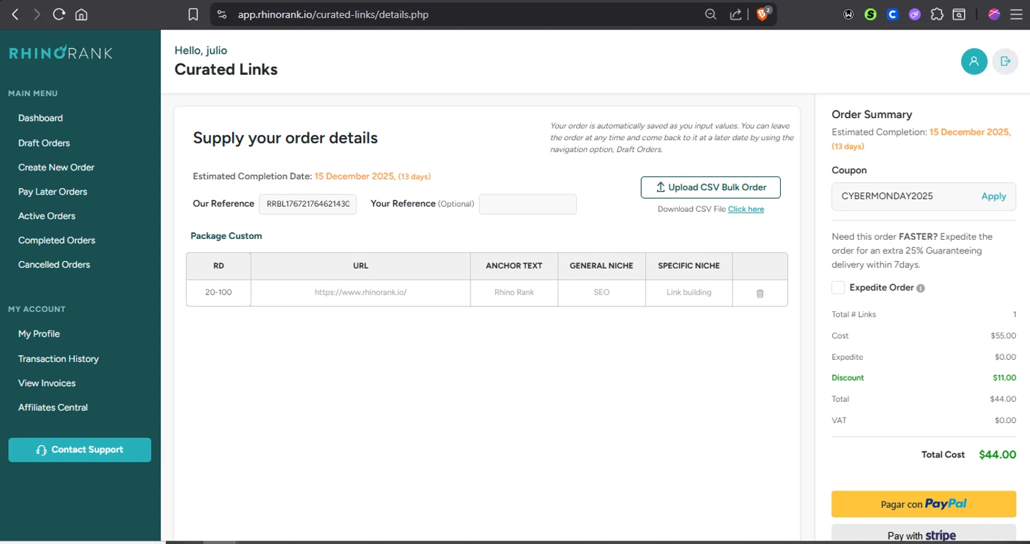 Rhino Rank promo code screenshot showing code CYBERMONDAY2025 applied at Rhino Rank checkout page. Uploaded by SimplyCodes community member Jmhernand1 on Dec 1, 2025