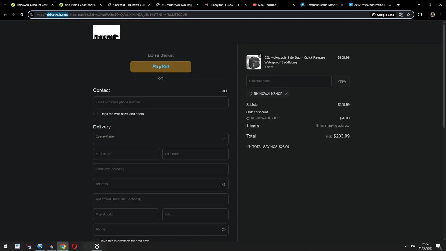 Rhinowalk discount code screenshot showing code rhinowalkshop applied at Rhinowalk checkout page. Uploaded by SimplyCodes community member MarcosAranguren on Jun 12, 2025