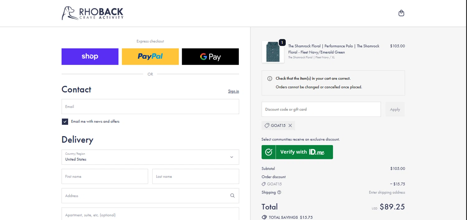 Rhoback promo code screenshot showing code GOAT15 applied at Rhoback checkout page. Uploaded by SimplyCodes community member juanisaac on Feb 26, 2026