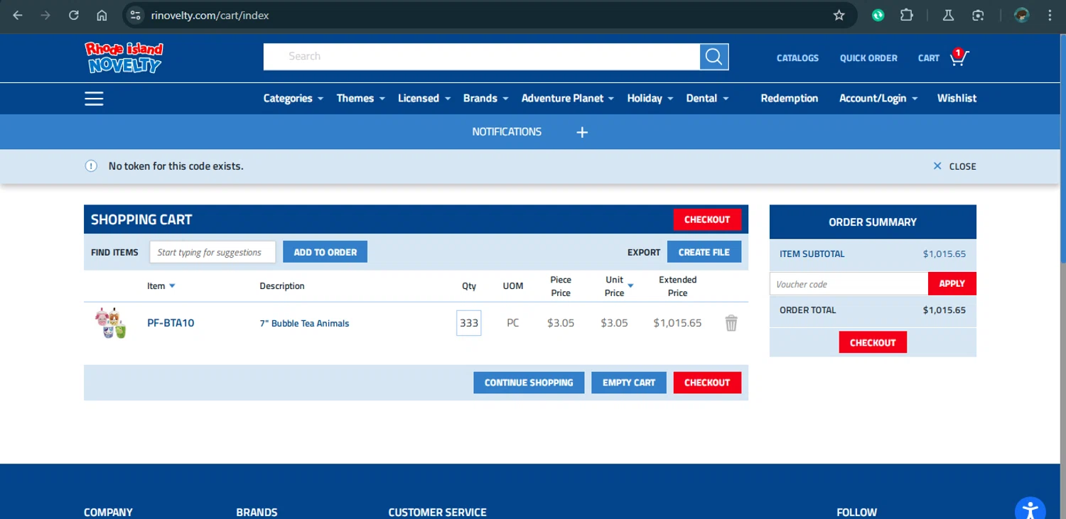 Rhode Island Novelty coupon code screenshot showing code DEC21 applied at Rhode Island Novelty checkout page. Uploaded by SimplyCodes community member MariaCorinaMachado on Feb 22, 2025