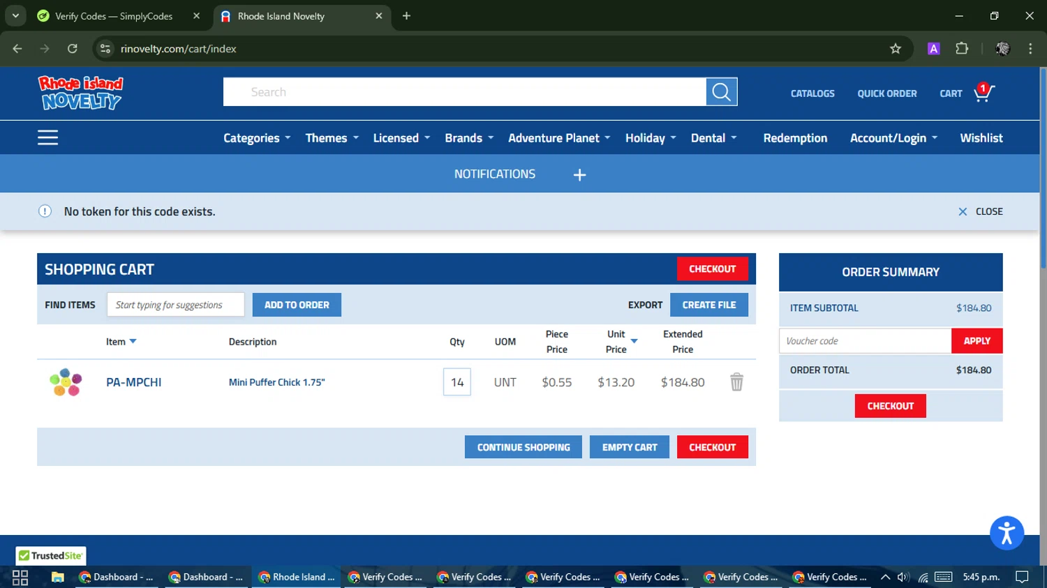 Rhode Island Novelty coupon code screenshot showing code DEC21 applied at Rhode Island Novelty checkout page. Uploaded by SimplyCodes community member PrimeKnight6101 on Mar 13, 2025