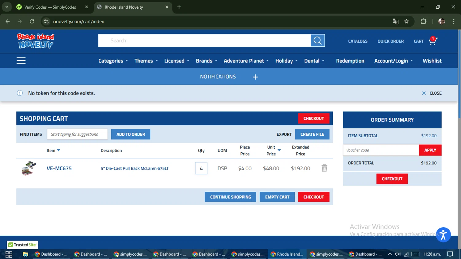 Rhode Island Novelty coupon code screenshot showing code EXTRA15 applied at Rhode Island Novelty checkout page. Uploaded by SimplyCodes community member DiscountSeeker682 on Mar 10, 2025