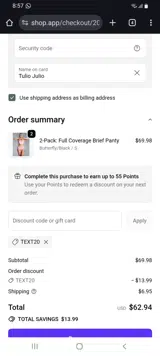 TEXT20 coupon verification screenshot