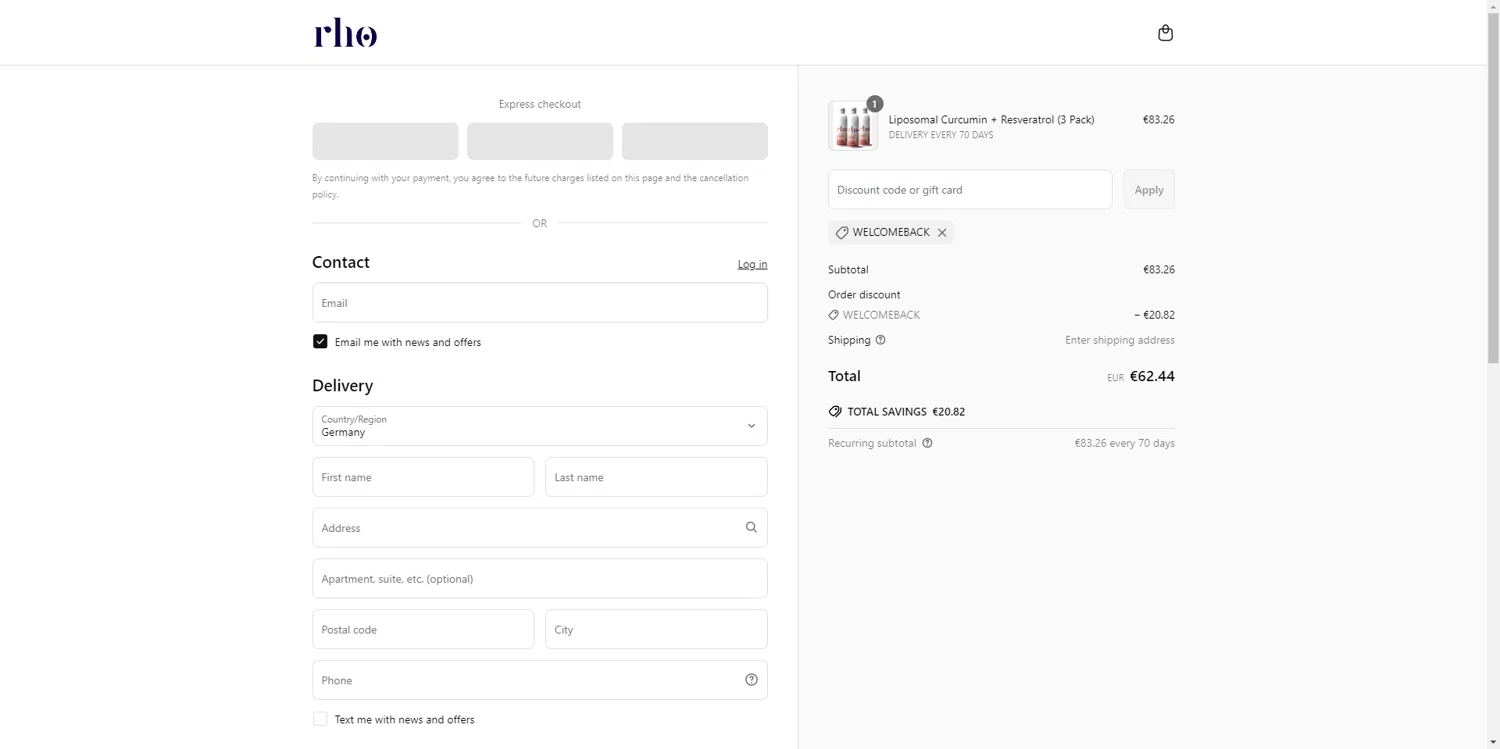 Rho Nutrition discount code screenshot showing code WELCOMEBACK applied at Rho Nutrition checkout page. Uploaded by SimplyCodes community member ScanRanger3503 on May 18, 2025