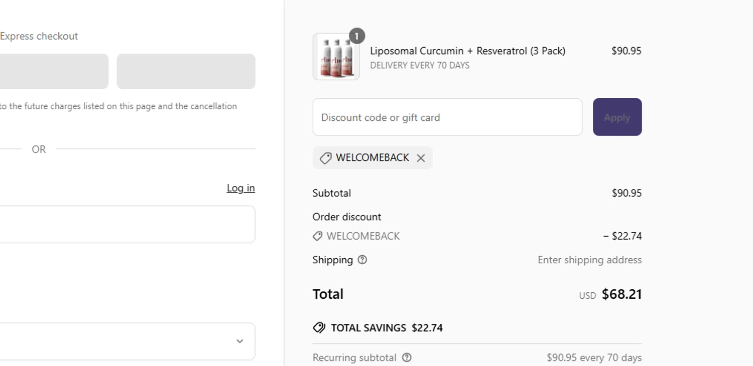 Rho Nutrition discount code screenshot showing code WELCOMEBACK applied at Rho Nutrition checkout page. Uploaded by SimplyCodes community member ShieldTitan9442 on Jun 16, 2025
