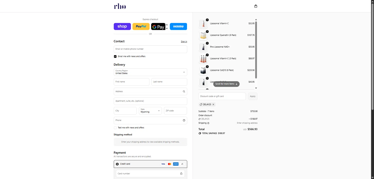 Rho Nutrition discount code screenshot showing code DELAY25 applied at Rho Nutrition checkout page. Uploaded by SimplyCodes community member EpicLegend237 on Feb 6, 2026