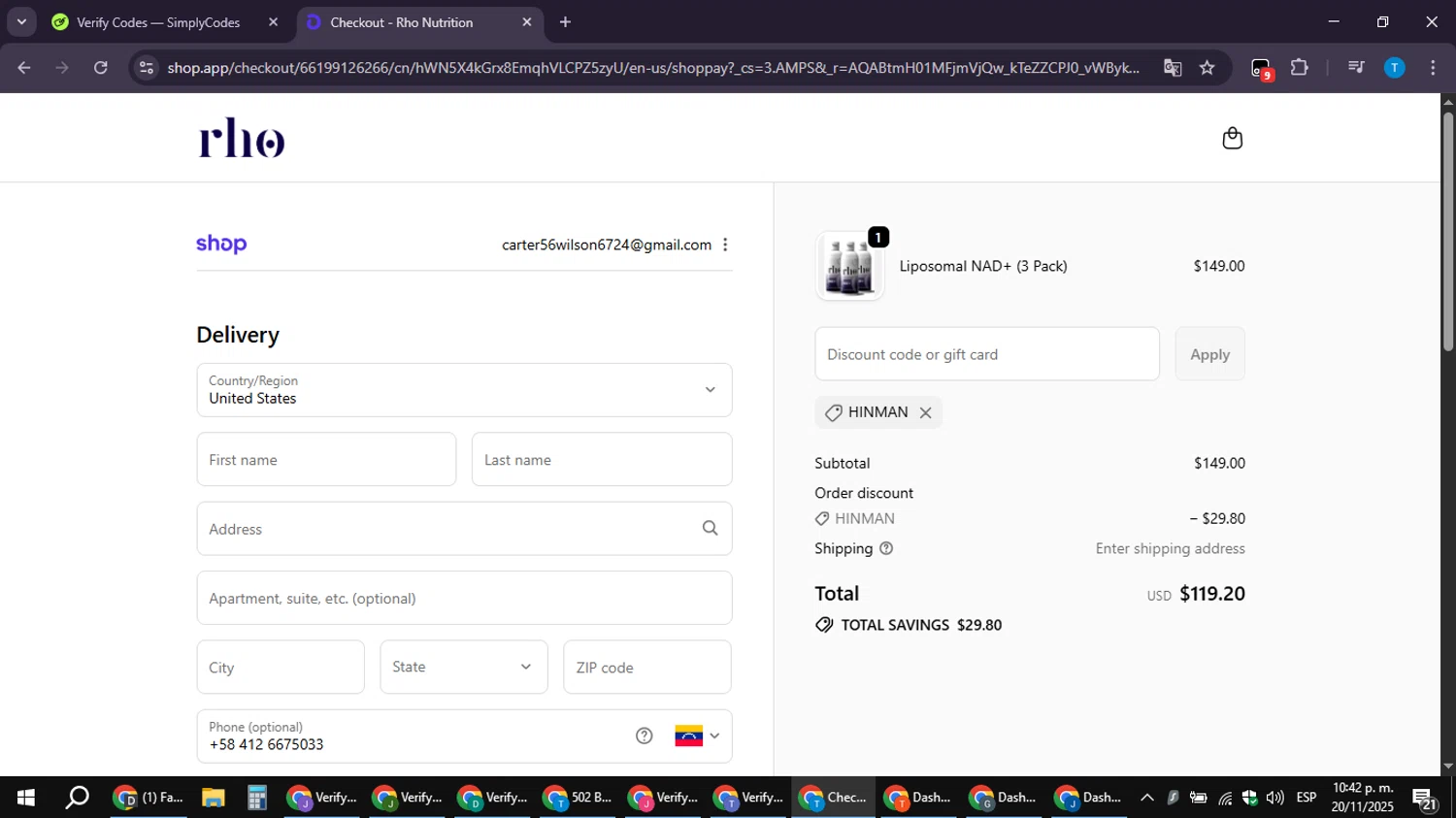 Rho Nutrition discount code screenshot showing code HINMAN applied at Rho Nutrition checkout page. Uploaded by SimplyCodes community member LuckyPioneer4530 on Nov 21, 2025