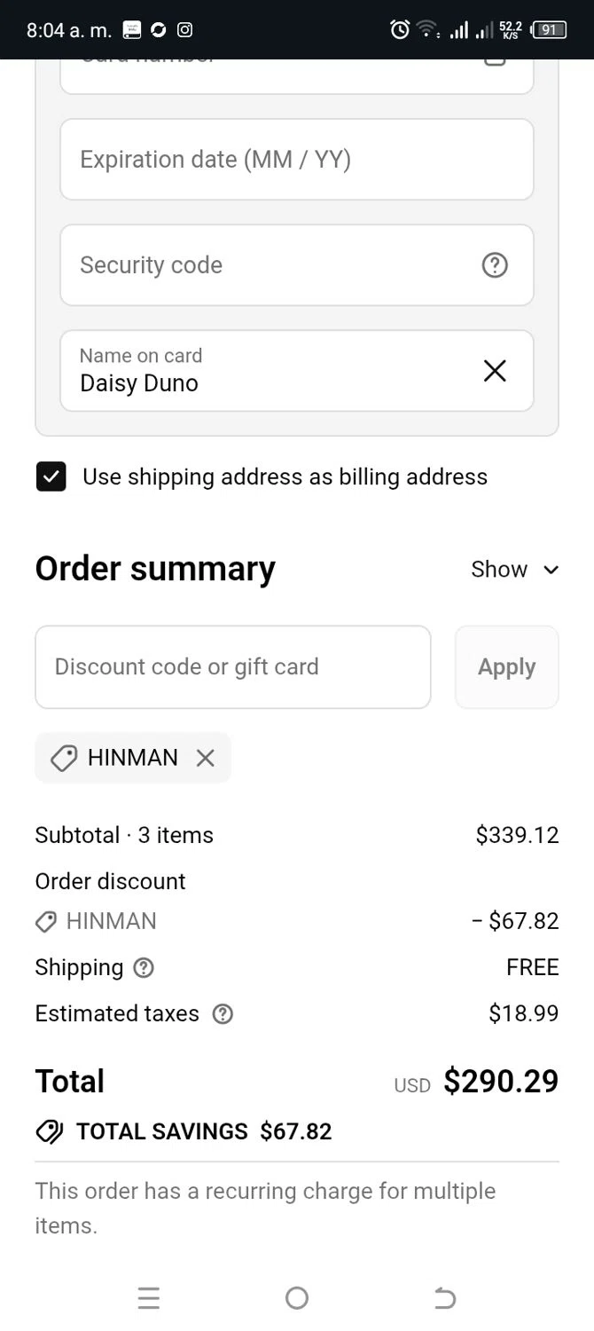 Rho Nutrition discount code screenshot showing code HINMAN applied at Rho Nutrition checkout page. Uploaded by SimplyCodes community member MightyBoss5795 on Dec 6, 2025