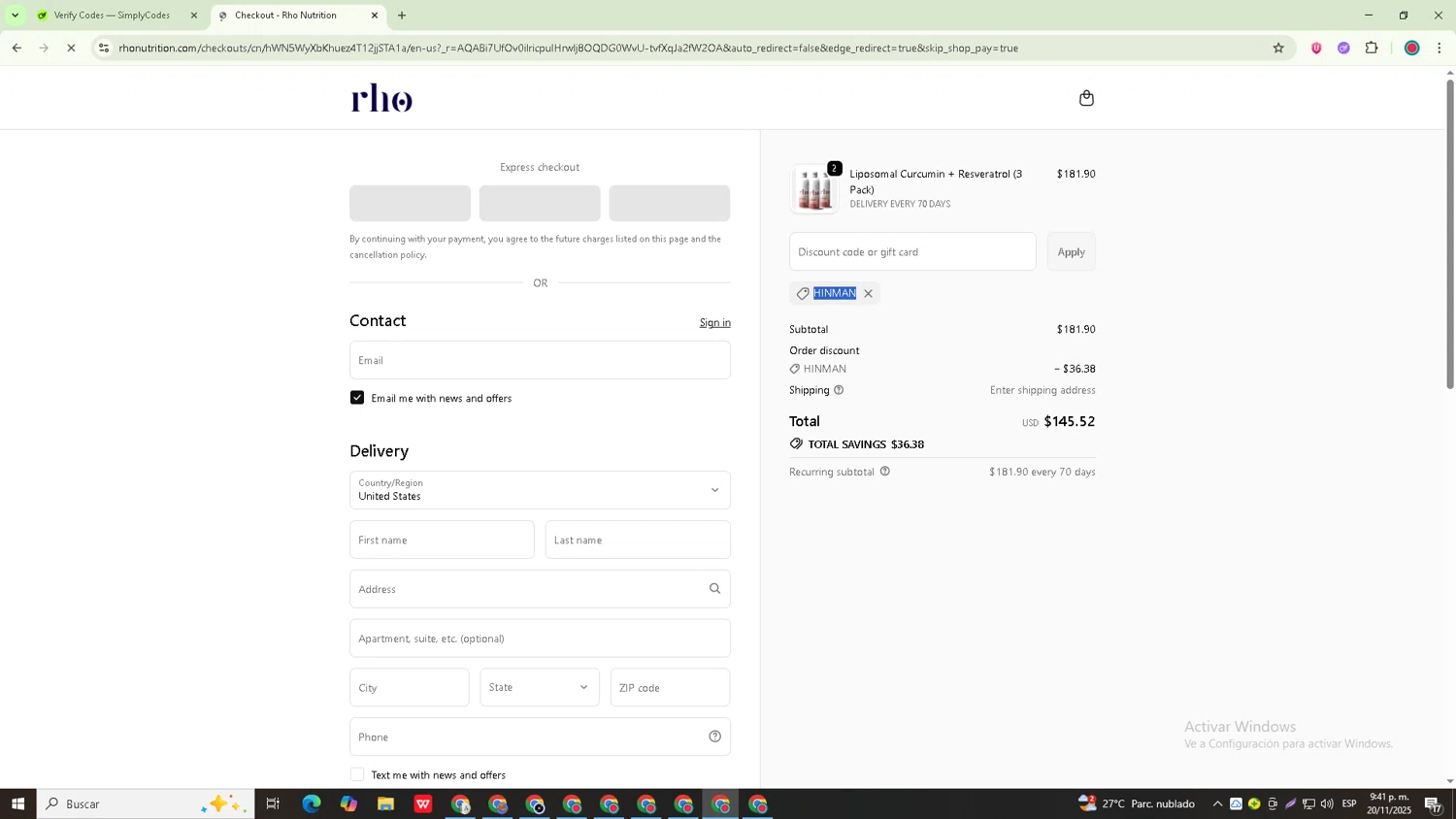 Rho Nutrition discount code screenshot showing code HINMAN applied at Rho Nutrition checkout page. Uploaded by SimplyCodes community member Robert_Williams on Nov 21, 2025
