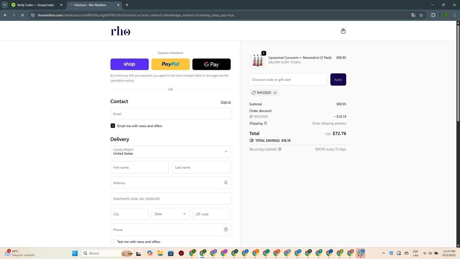 Rho Nutrition discount code screenshot showing code RHO2025 applied at Rho Nutrition checkout page. Uploaded by SimplyCodes community member GoldScout9735 on Oct 4, 2025