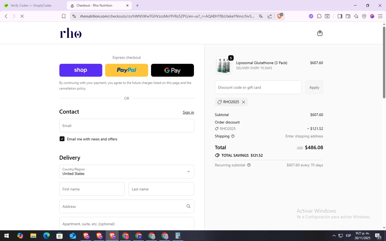 Rho Nutrition discount code screenshot showing code RHO2025 applied at Rho Nutrition checkout page. Uploaded by SimplyCodes community member VoucherSpotter6910 on Nov 21, 2025