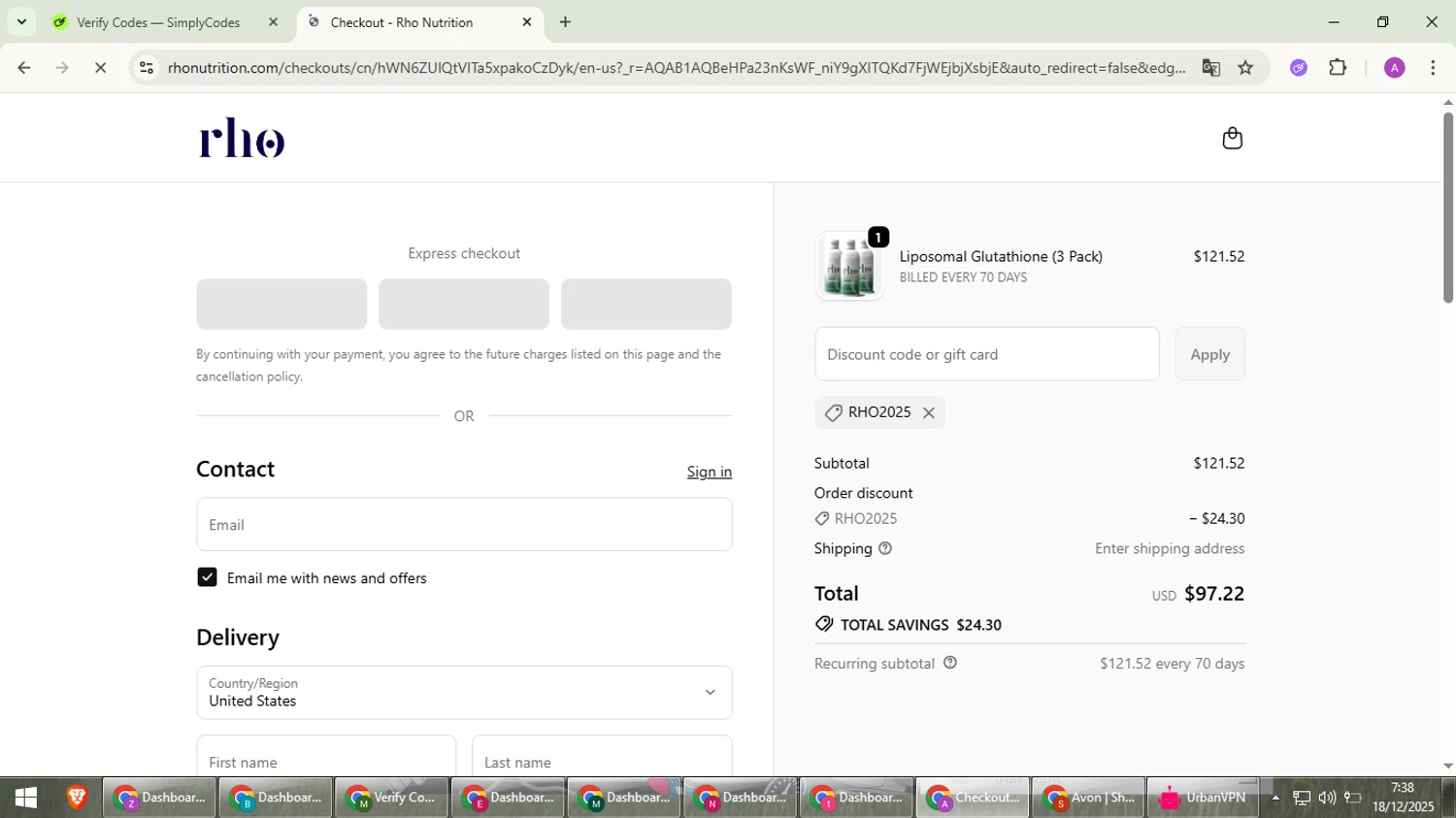 Rho Nutrition discount code screenshot showing code RHO2025 applied at Rho Nutrition checkout page. Uploaded by SimplyCodes community member cuieoseva on Dec 18, 2025