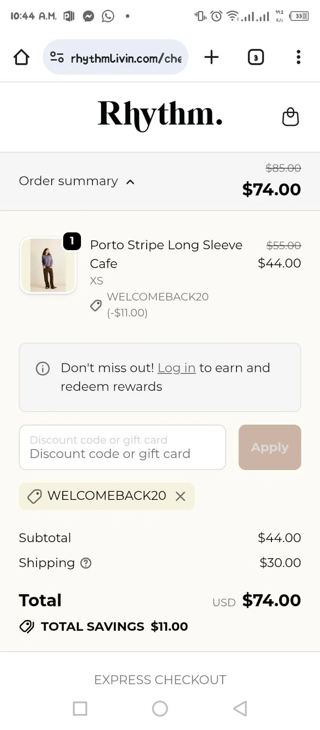 Rhythm Livin promo code screenshot showing code WELCOMEBACK20 applied at Rhythm Livin checkout page. Uploaded by SimplyCodes community member BonusVoyager4214 on Oct 23, 2025