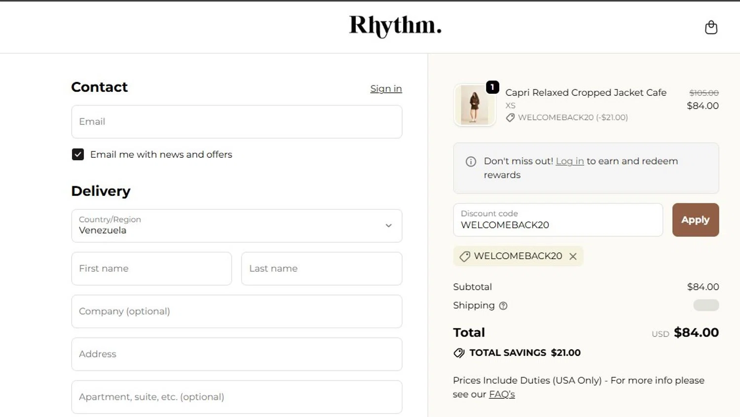 Rhythm Livin promo code screenshot showing code WELCOMEBACK20 applied at Rhythm Livin checkout page. Uploaded by SimplyCodes community member FortunateScholar5901 on Oct 11, 2025