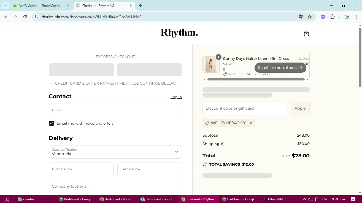 Rhythm Livin promo code screenshot showing code WELCOMEBACK20 applied at Rhythm Livin checkout page. Uploaded by SimplyCodes community member Simpsince95 on Aug 7, 2025