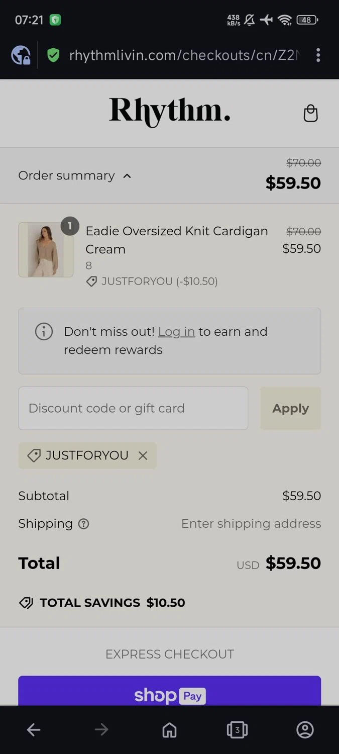 Rhythm Livin promo code screenshot showing code justforyou applied at Rhythm Livin checkout page. Uploaded by SimplyCodes community member Sarabiao on Jan 13, 2025