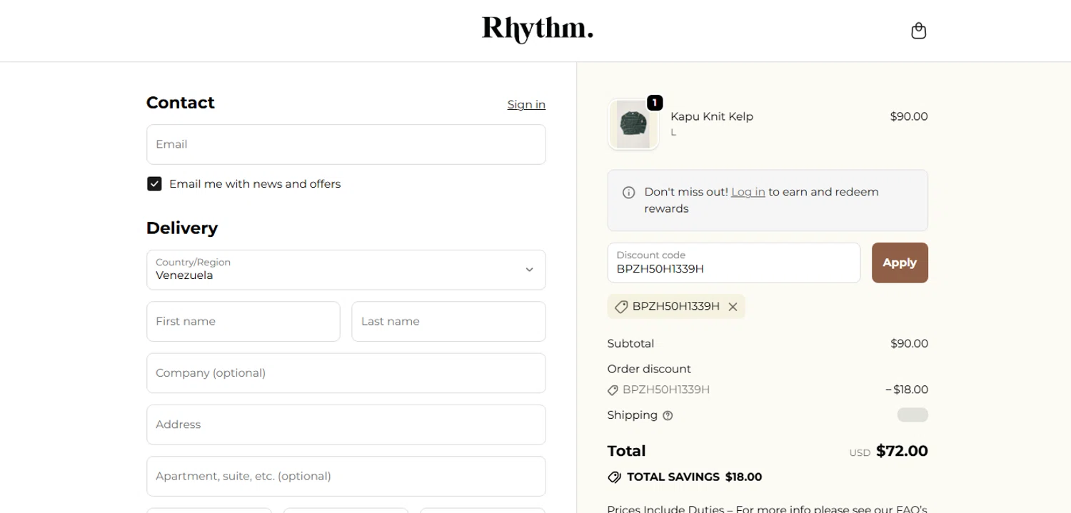 Rhythm Livin promo code screenshot showing code BPZH50H1339H applied at Rhythm Livin checkout page. Uploaded by SimplyCodes community member MagnificentCurator5441 on Sep 25, 2025