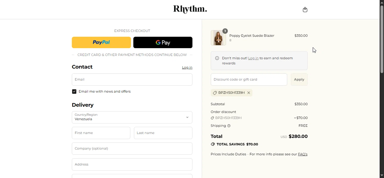 Rhythm Livin promo code screenshot showing code BPZH50H1339H applied at Rhythm Livin checkout page. Uploaded by SimplyCodes community member Prospecto on Aug 17, 2025