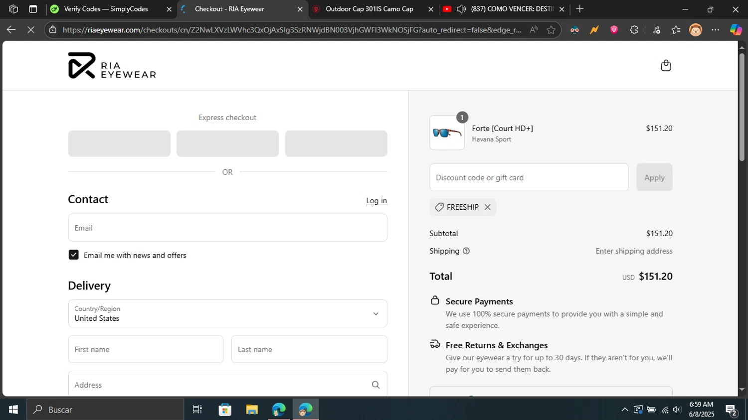 RIA Eyewear discount code screenshot showing code FREESHIP applied at RIA Eyewear checkout page. Uploaded by SimplyCodes community member Blackleg_Sanji on Jun 8, 2025