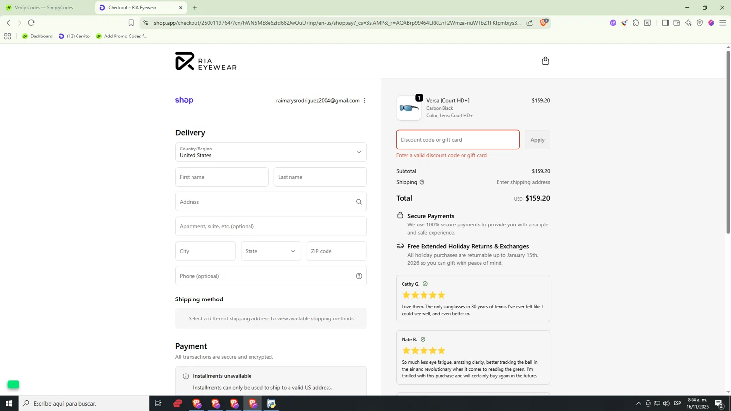 RIA Eyewear discount code screenshot showing code UNLOCK10 applied at RIA Eyewear checkout page. Uploaded by SimplyCodes community member Raiiii18 on Nov 16, 2025