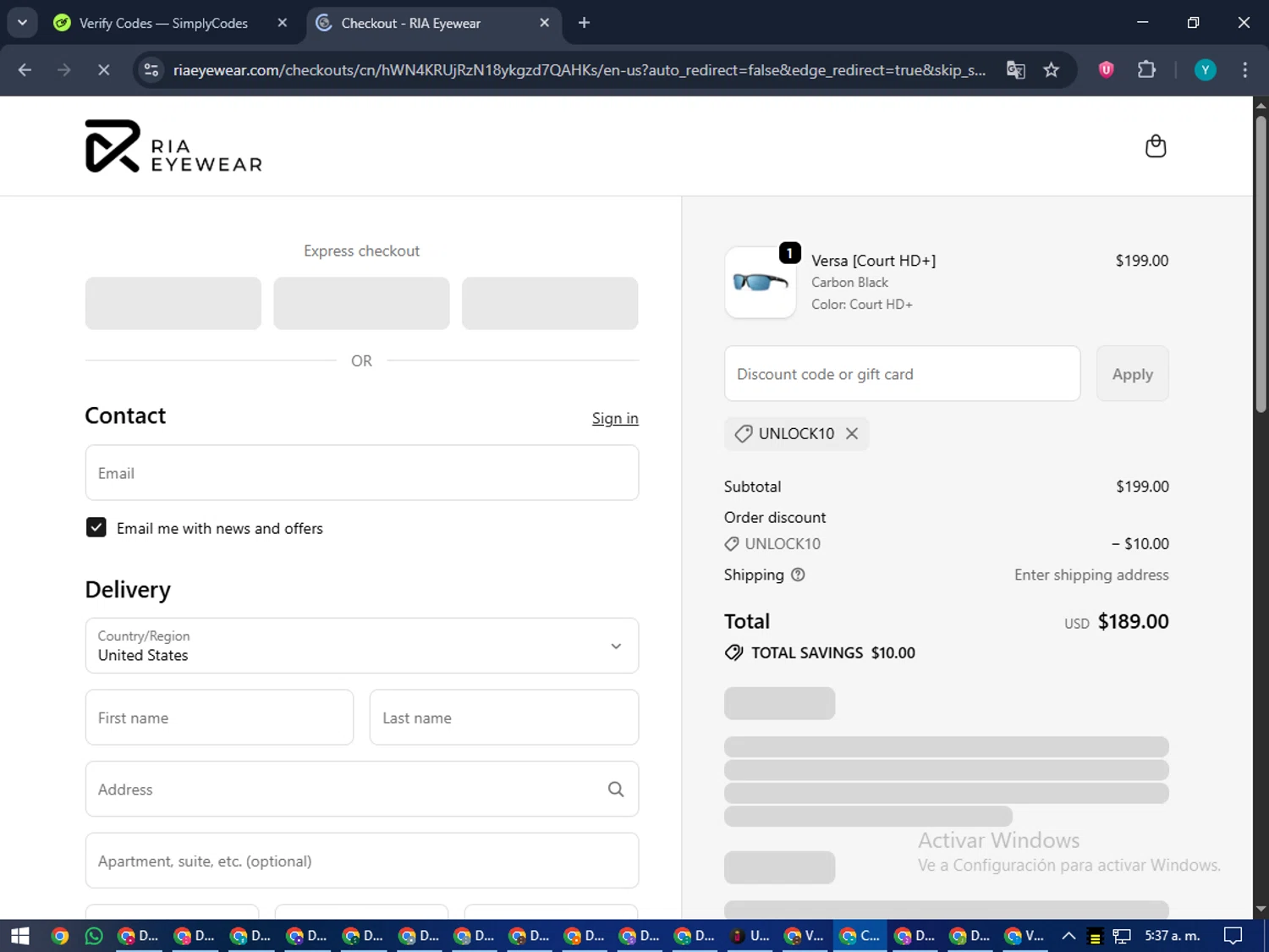 RIA Eyewear discount code screenshot showing code UNLOCK10 applied at RIA Eyewear checkout page. Uploaded by SimplyCodes community member RoyalEagle4794 on Oct 20, 2025