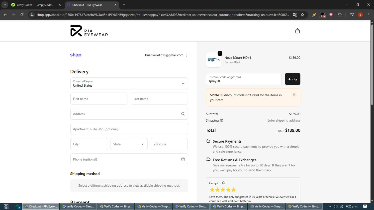 RIA Eyewear discount code screenshot showing code spray50 applied at RIA Eyewear checkout page. Uploaded by SimplyCodes community member BrilliantLynx7174 on Sep 30, 2025
