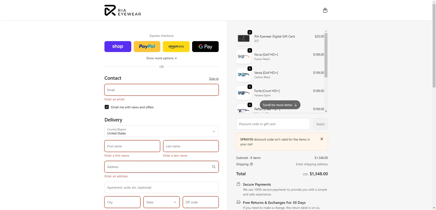 RIA Eyewear checkout page showing RIA Eyewear discount code box | Screenshot taken by SimplyCodes community member on Jan 2, 2026