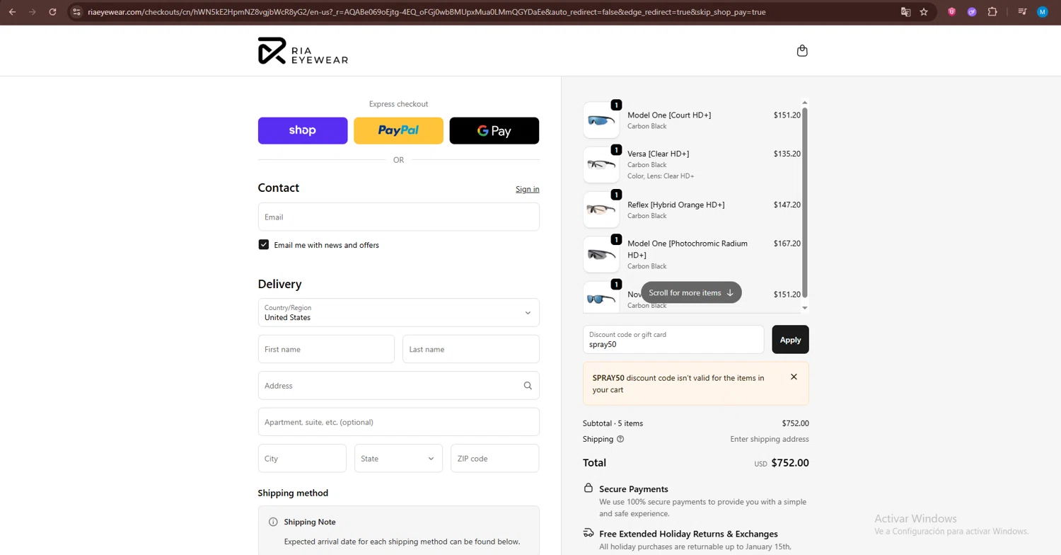 RIA Eyewear discount code screenshot showing code spray50 applied at RIA Eyewear checkout page. Uploaded by SimplyCodes community member GloriousLion3901 on Nov 26, 2025