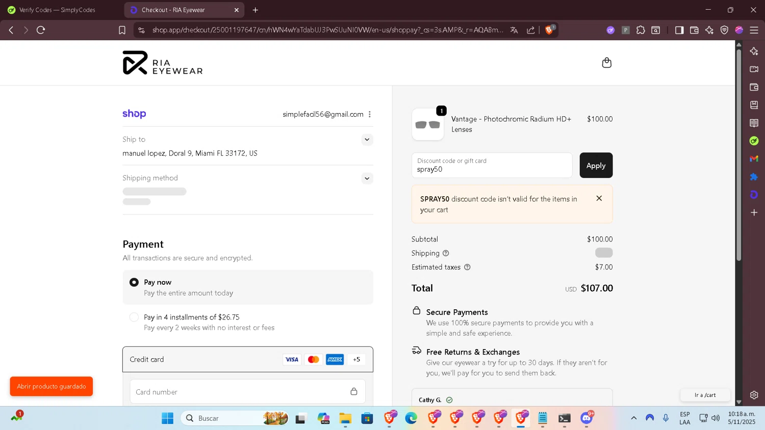 RIA Eyewear discount code screenshot showing code spray50 applied at RIA Eyewear checkout page. Uploaded by SimplyCodes community member SilverSentinel7889 on Nov 5, 2025