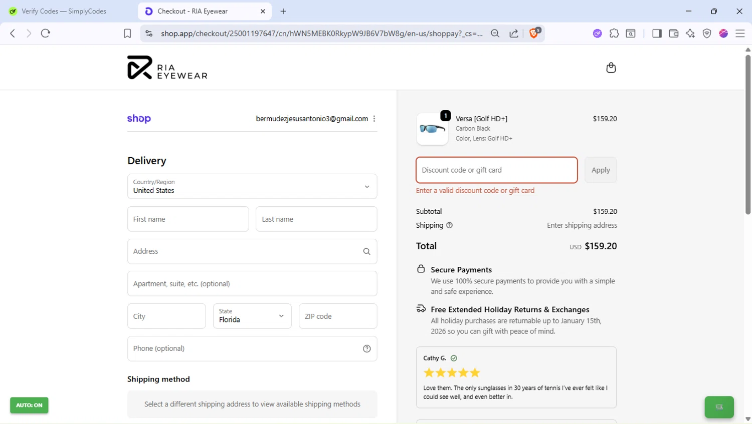 RIA Eyewear discount code screenshot showing code FIRST10 applied at RIA Eyewear checkout page. Uploaded by SimplyCodes community member PocoyoTraihard on Nov 16, 2025