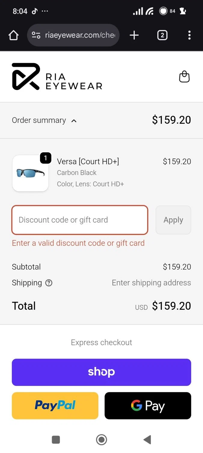 RIA Eyewear discount code screenshot showing code FIRST10 applied at RIA Eyewear checkout page. Uploaded by SimplyCodes community member Original01 on Nov 16, 2025