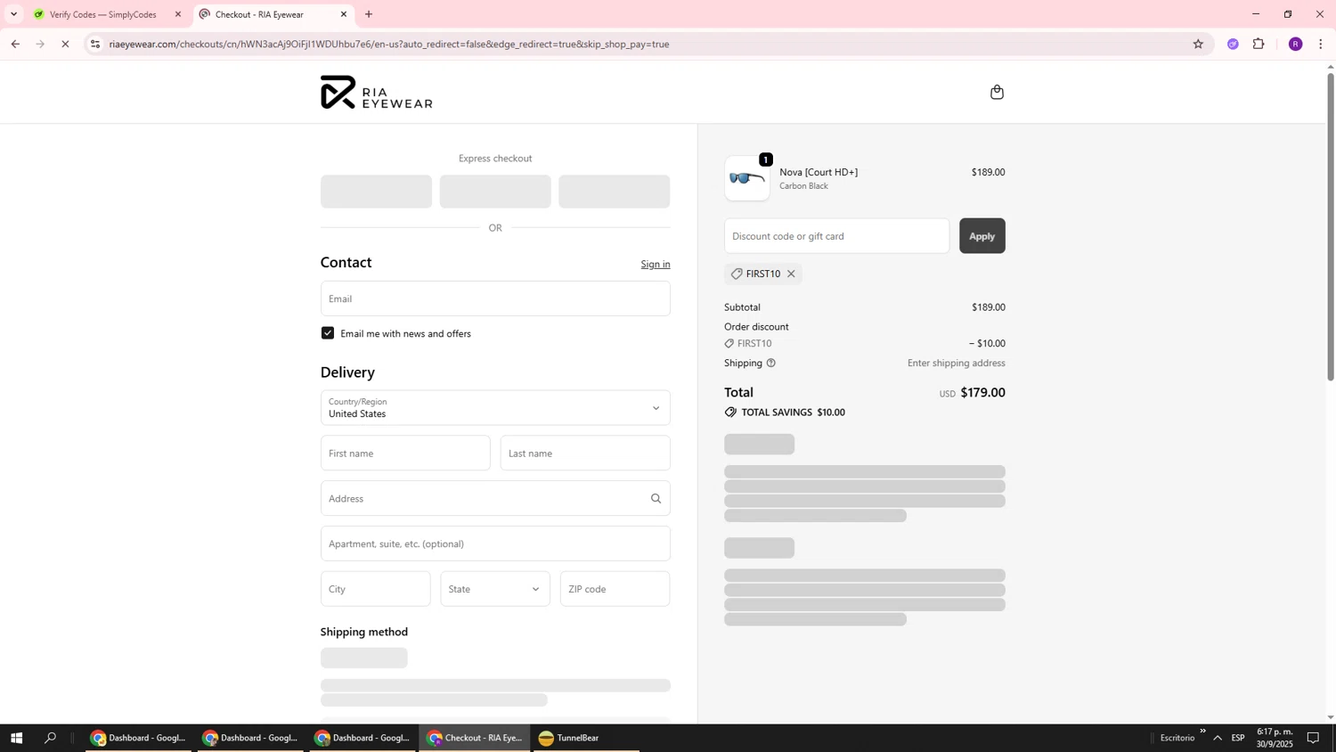 RIA Eyewear discount code screenshot showing code FIRST10 applied at RIA Eyewear checkout page. Uploaded by SimplyCodes community member ukemochi on Sep 30, 2025