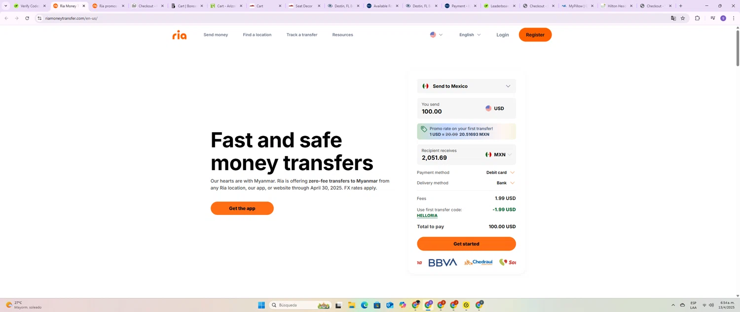 Ria Money Transfer coupon code screenshot showing code HelloRia applied at Ria Money Transfer checkout page. Uploaded by SimplyCodes community member BrilliantSentinel3167 on Apr 13, 2025
