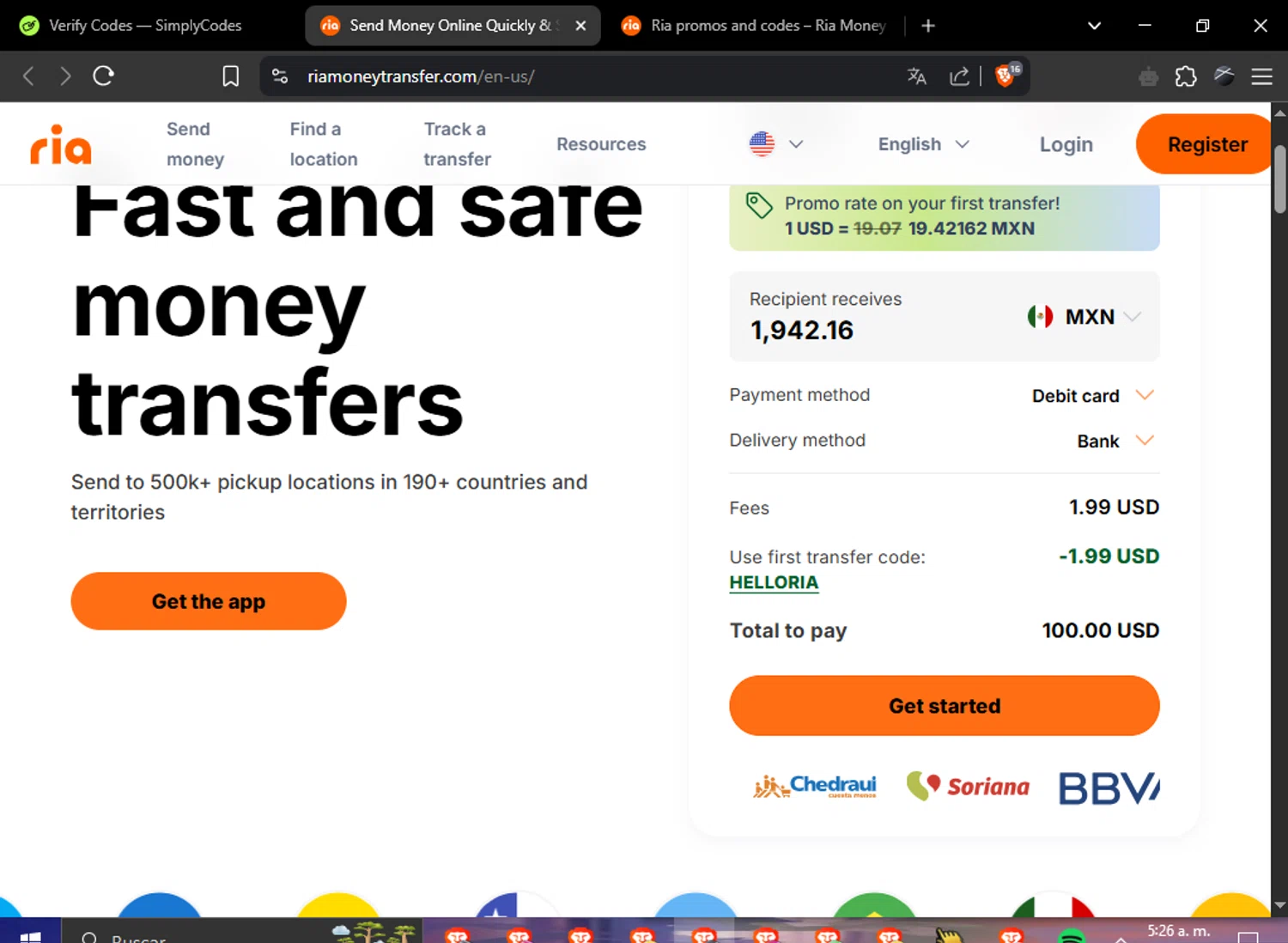 Ria Money Transfer coupon code screenshot showing code HelloRia applied at Ria Money Transfer checkout page. Uploaded by SimplyCodes community member TreasurePhoenix6079 on May 22, 2025