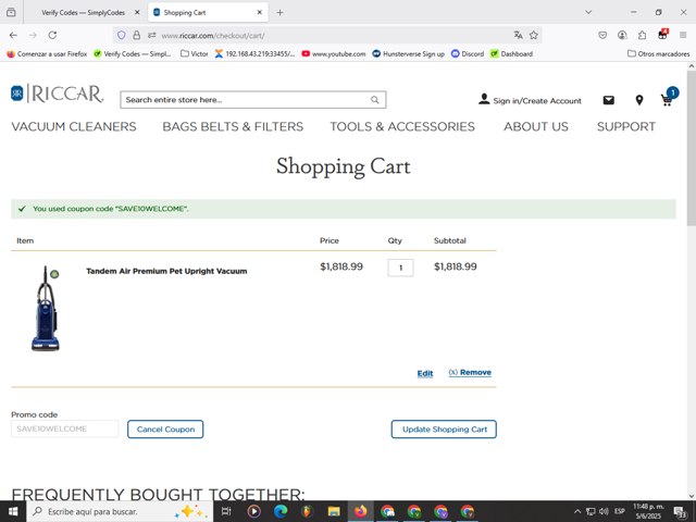 Riccar checkout page showing Riccar promo code box | Screenshot taken by SimplyCodes community member on Jun 6, 2025