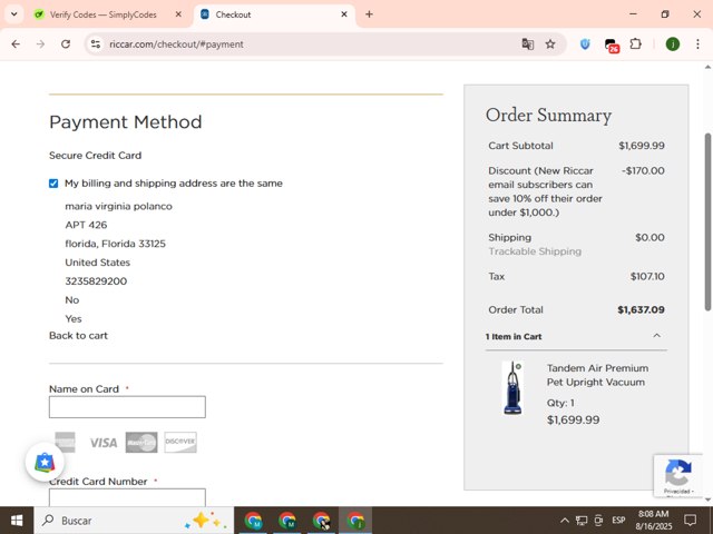 Riccar checkout page showing Riccar promo code box | Screenshot taken by SimplyCodes community member on Aug 16, 2025