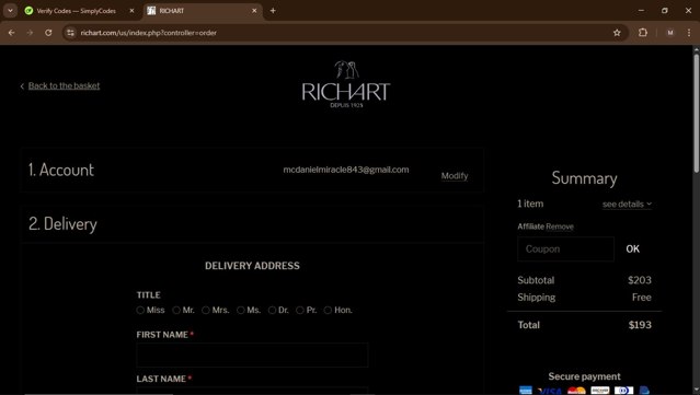 Richart checkout page showing Richart promo code box | Screenshot taken by SimplyCodes community member on Mar 21, 2025