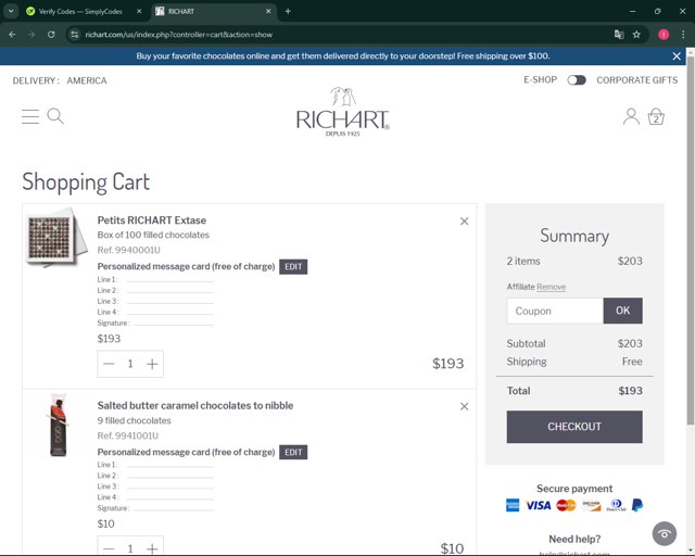 Richart checkout page showing Richart promo code box | Screenshot taken by SimplyCodes community member on Nov 21, 2024