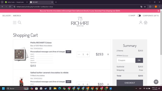 Richart checkout page showing Richart promo code box | Screenshot taken by SimplyCodes community member on Feb 7, 2025