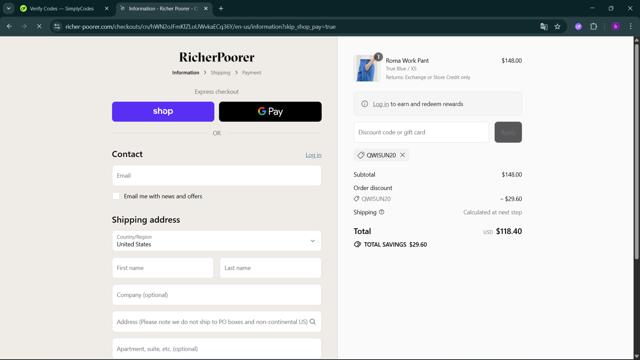 Richer Poorer checkout page showing Richer Poorer discount code box | Screenshot taken by SimplyCodes community member on Sep 10, 2025