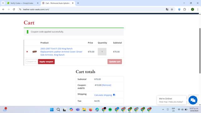 Richmond Auto Upholstery checkout page showing Richmond Auto Upholstery coupon code box | Screenshot taken by SimplyCodes community member on Jun 10, 2025